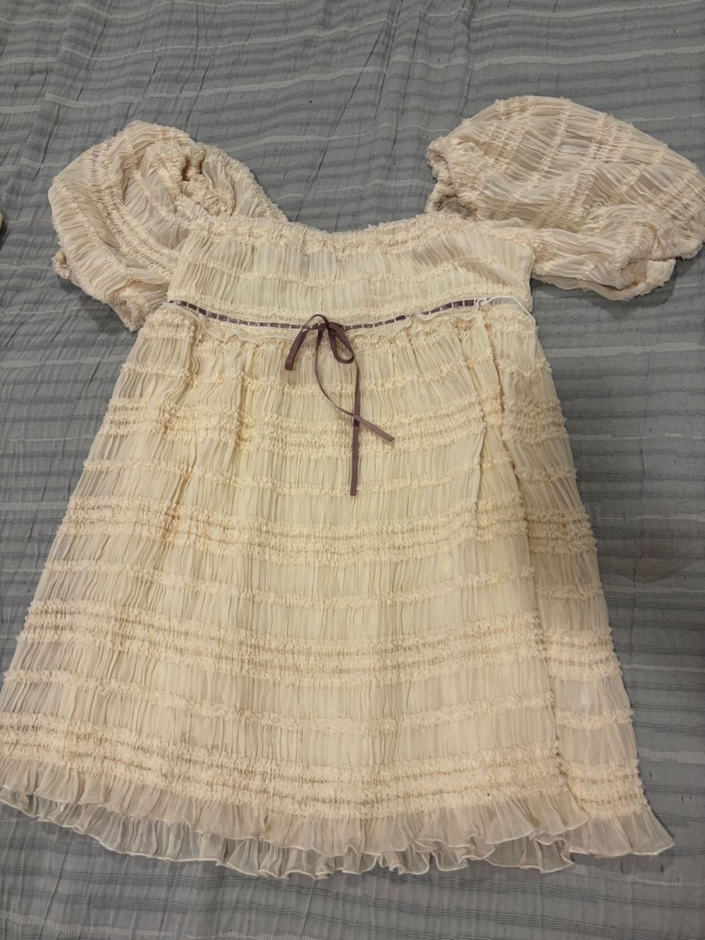 Cream Ruffle Off-Shoulder Babydoll Mini Dress with Ribbon Tie
